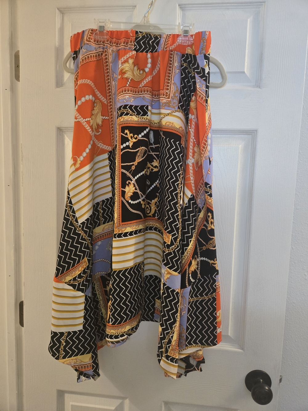 Andrew Marc Orange, Black & White Asymmetrical Handkerchief Print Skirt